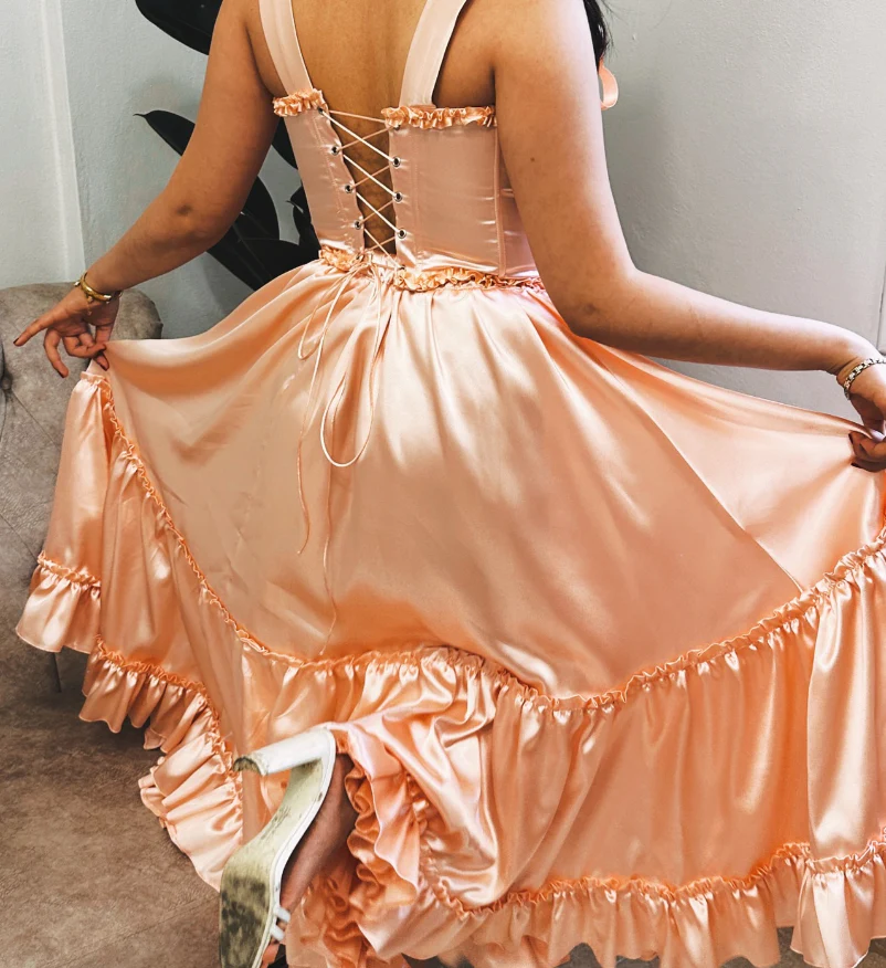 Whimsical ruffled satin A-line square-neck lace-up-back midi-length evening dresses