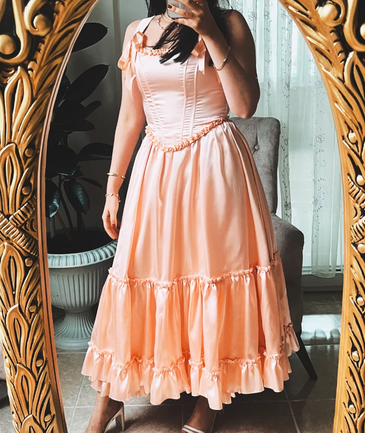Whimsical ruffled satin A-line square-neck lace-up-back midi-length evening dresses