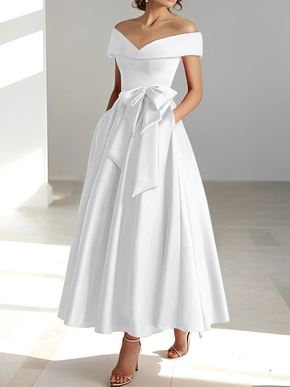 Vestidos de madre de la novia con bolsillos y hombros descubiertos, corte A/Princesa