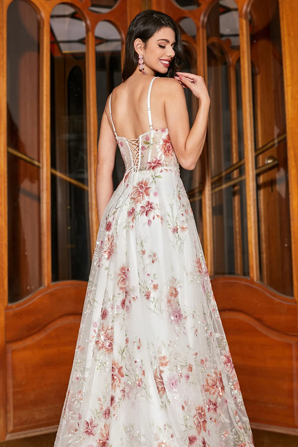 White Floral Embroidered Tulle Gown – Spaghetti Strap Sweetheart Neckline Formal Dress with Slit