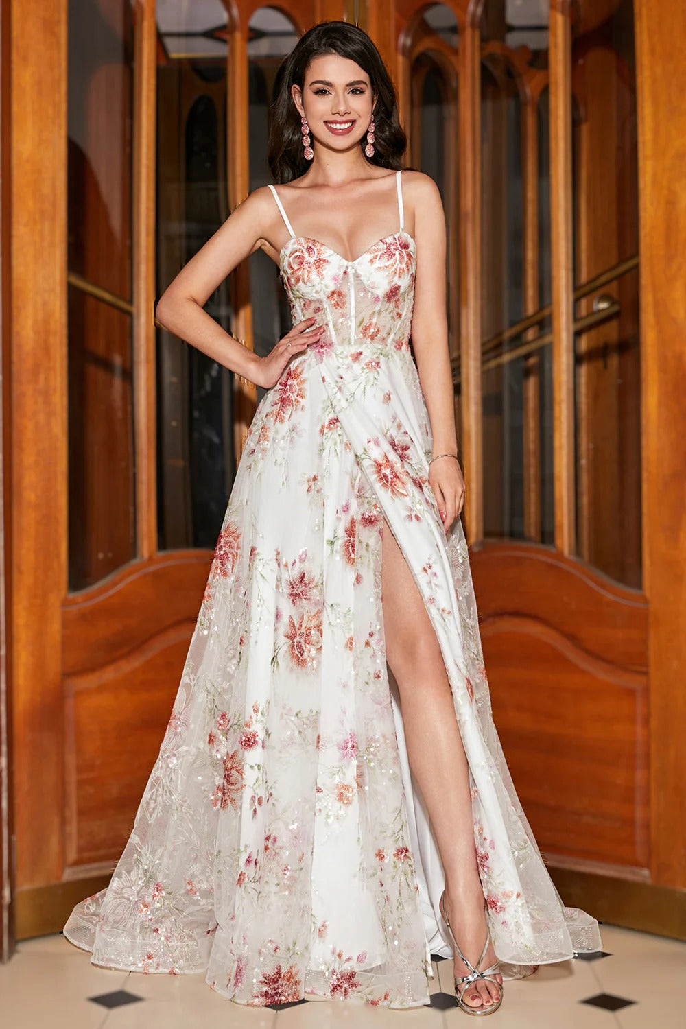White Floral Embroidered Tulle Gown – Spaghetti Strap Sweetheart Neckline Formal Dress with Slit