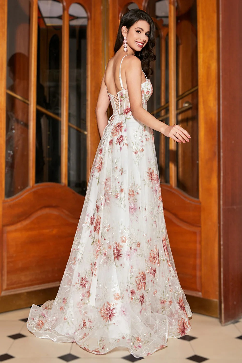 White Floral Embroidered Tulle Gown – Spaghetti Strap Sweetheart Neckline Formal Dress with Slit