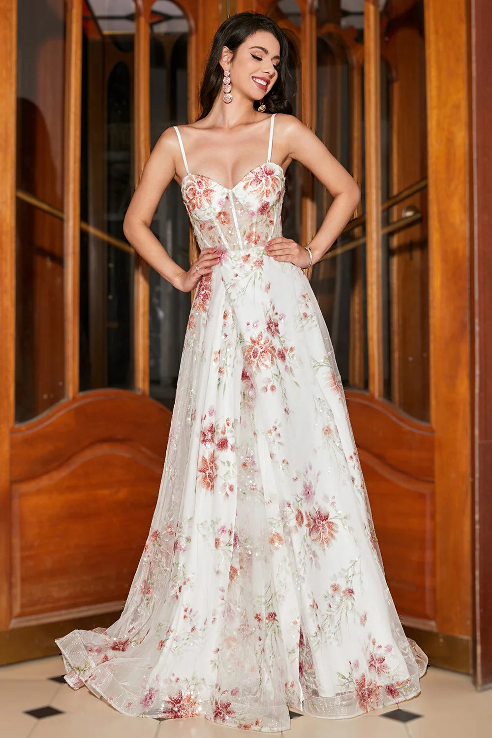 White Floral Embroidered Tulle Gown – Spaghetti Strap Sweetheart Neckline Formal Dress with Slit