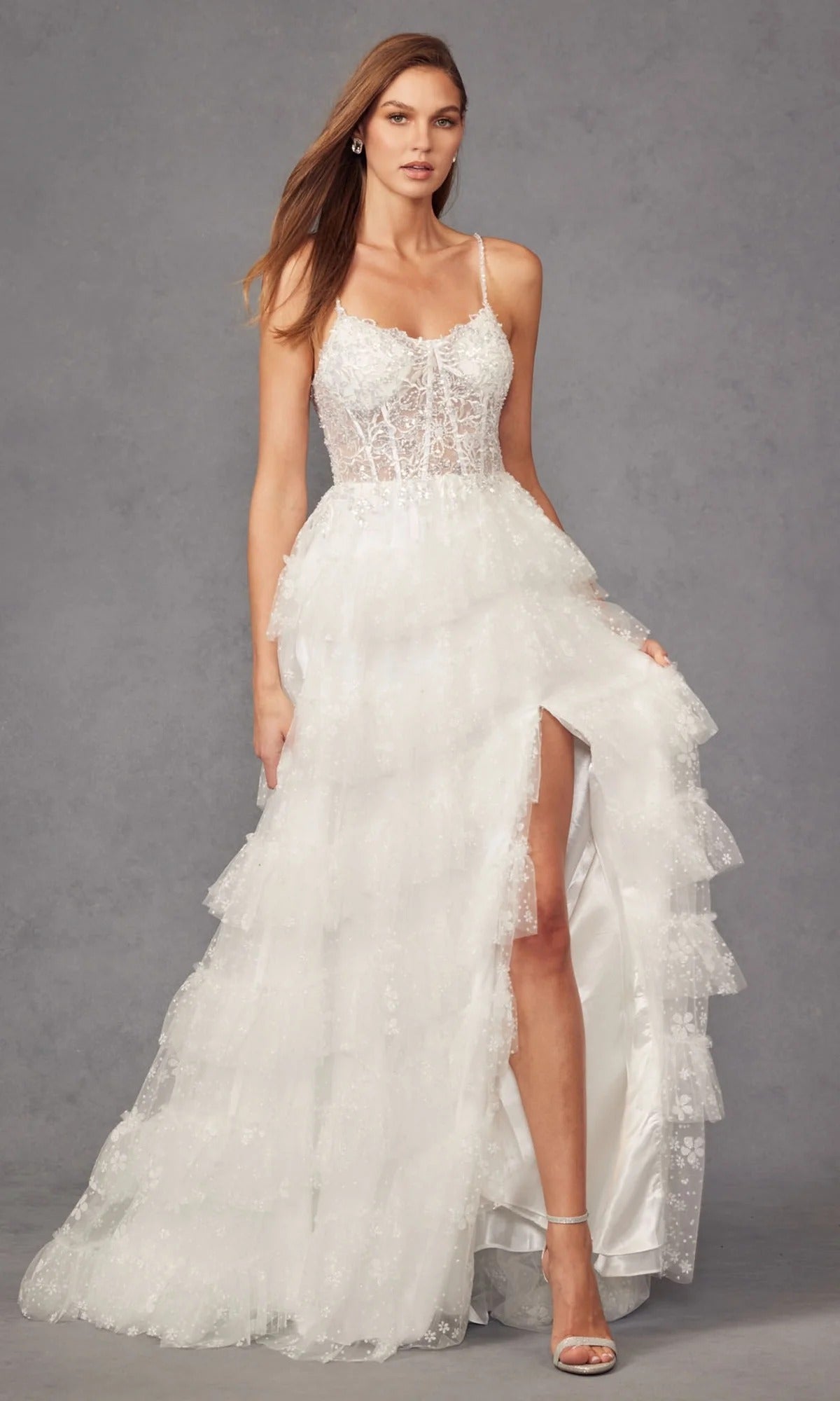 White Floral Tulle Tiered Gown with Sheer Corset Bodice and Slit