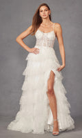 Ivory Lace A-Line Bridesmaid Dress with Ruffled Skirt & High Slit