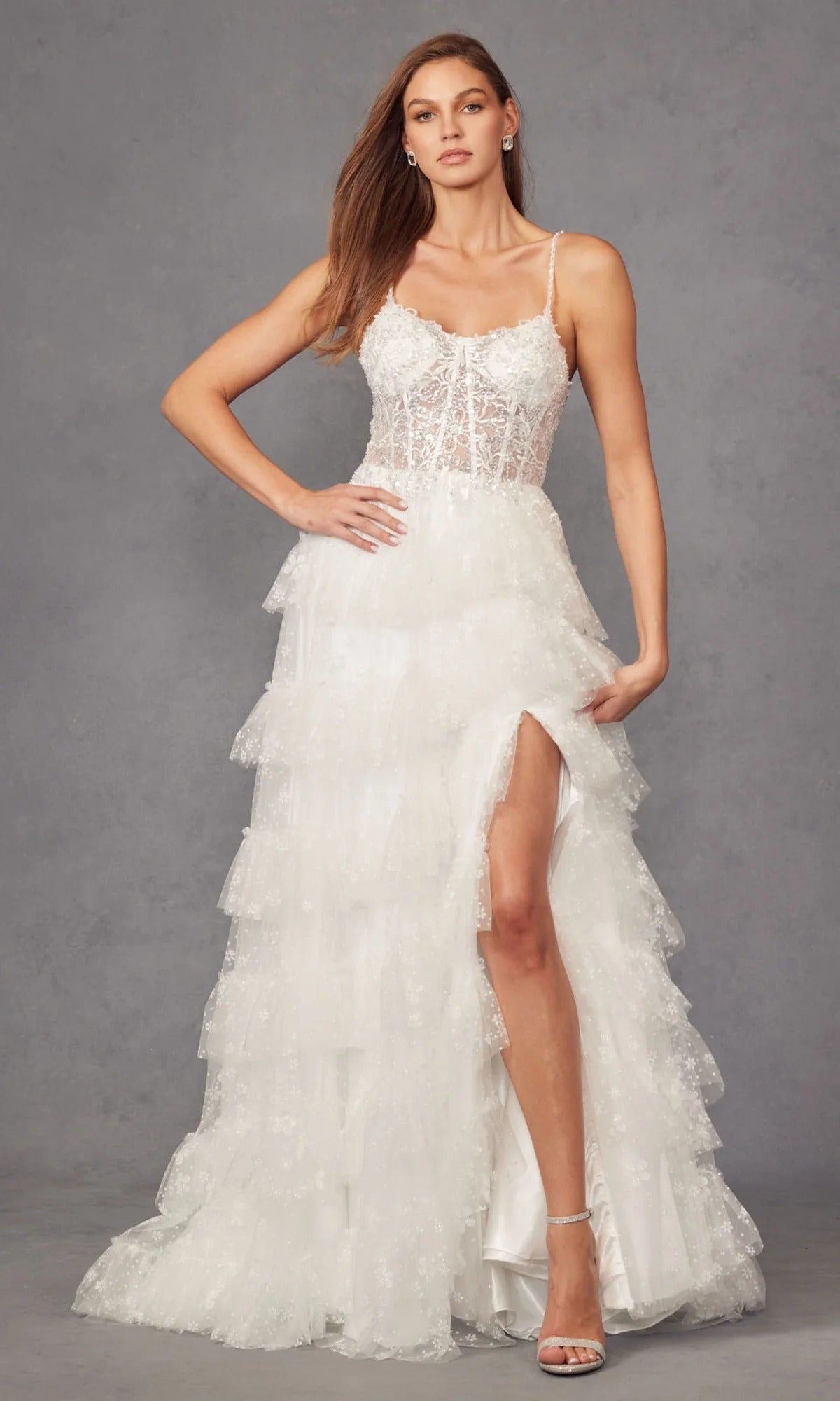 Ivory Lace A-Line Bridesmaid Dress with Ruffled Skirt & High Slit