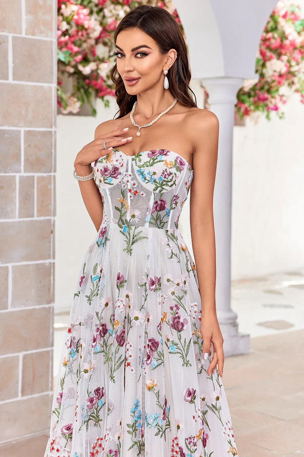 White Multicolor Floral Embroidered Strapless Tulle Trailing Gown