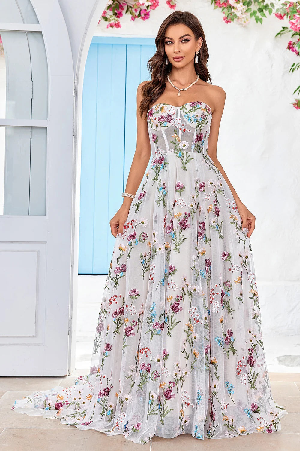 White Multicolor Floral Embroidered Strapless Tulle Trailing Gown