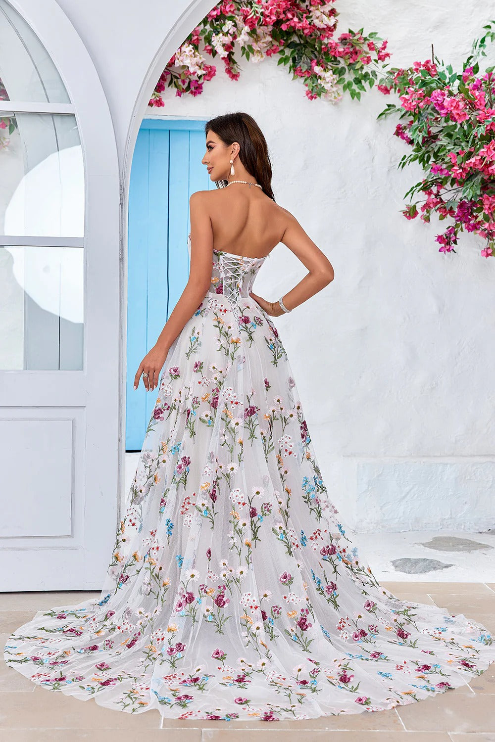 White Multicolor Floral Embroidered Strapless Tulle Trailing Gown