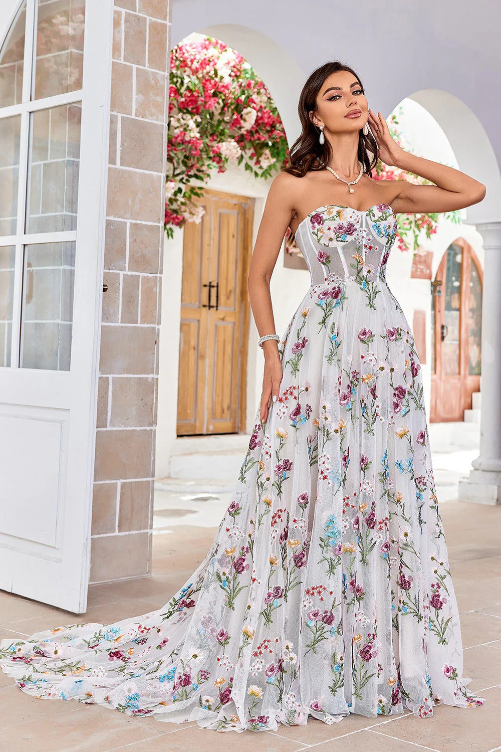 White Multicolor Floral Embroidered Strapless Tulle Trailing Gown