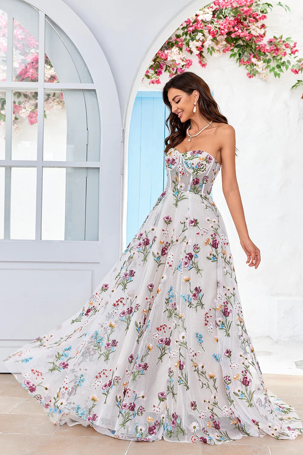 White Multicolor Floral Embroidered Strapless Tulle Trailing Gown
