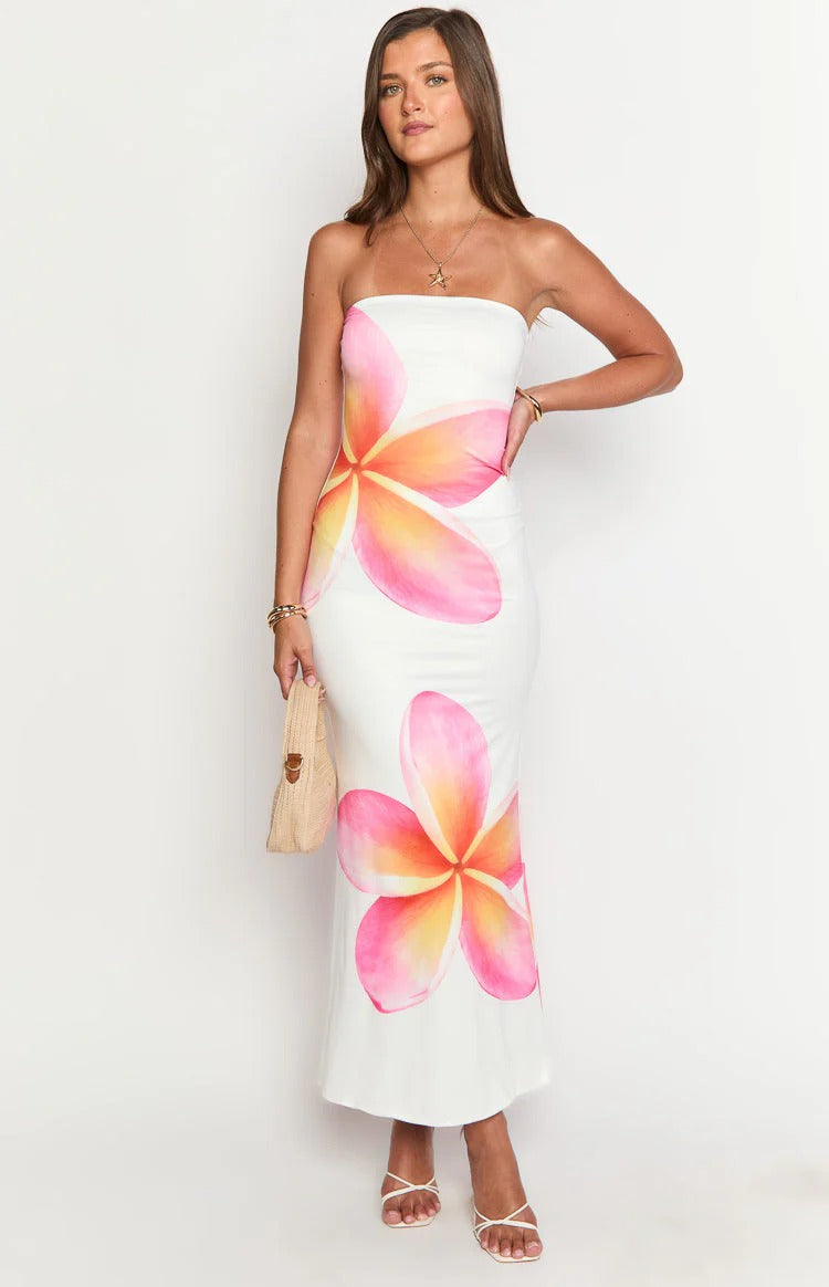 White Plumeria Strapless Maxi Dress – Bodycon Formal Dress with Tropical Floral Print