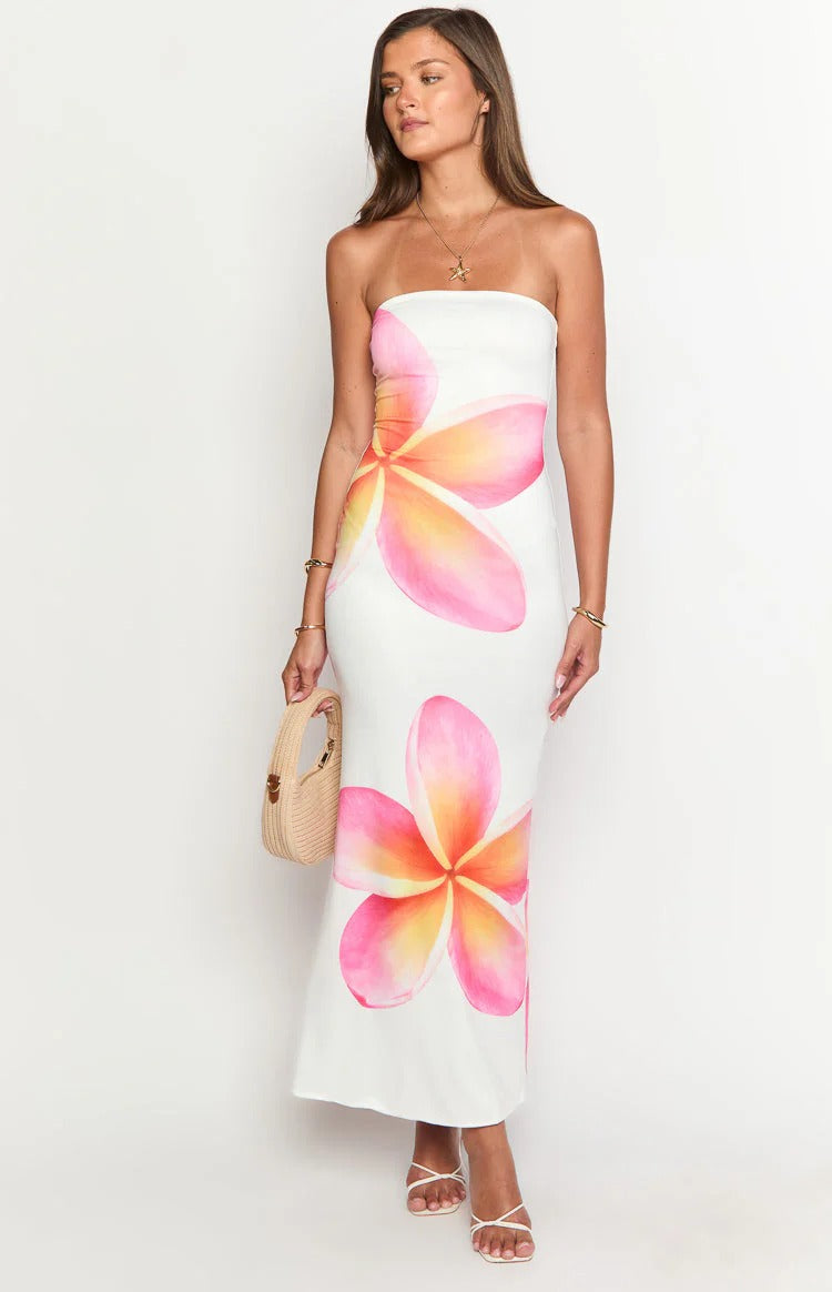 White Plumeria Strapless Maxi Dress – Bodycon Formal Dress with Tropical Floral Print