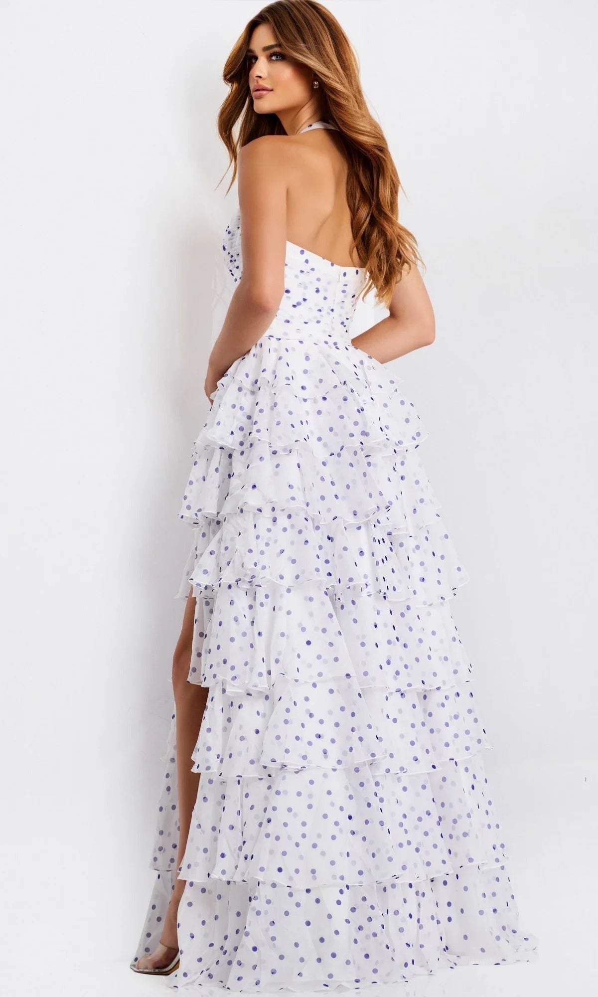 White Purple Polka Dot Halter Tiered Chiffon Maxi Dress with Slit