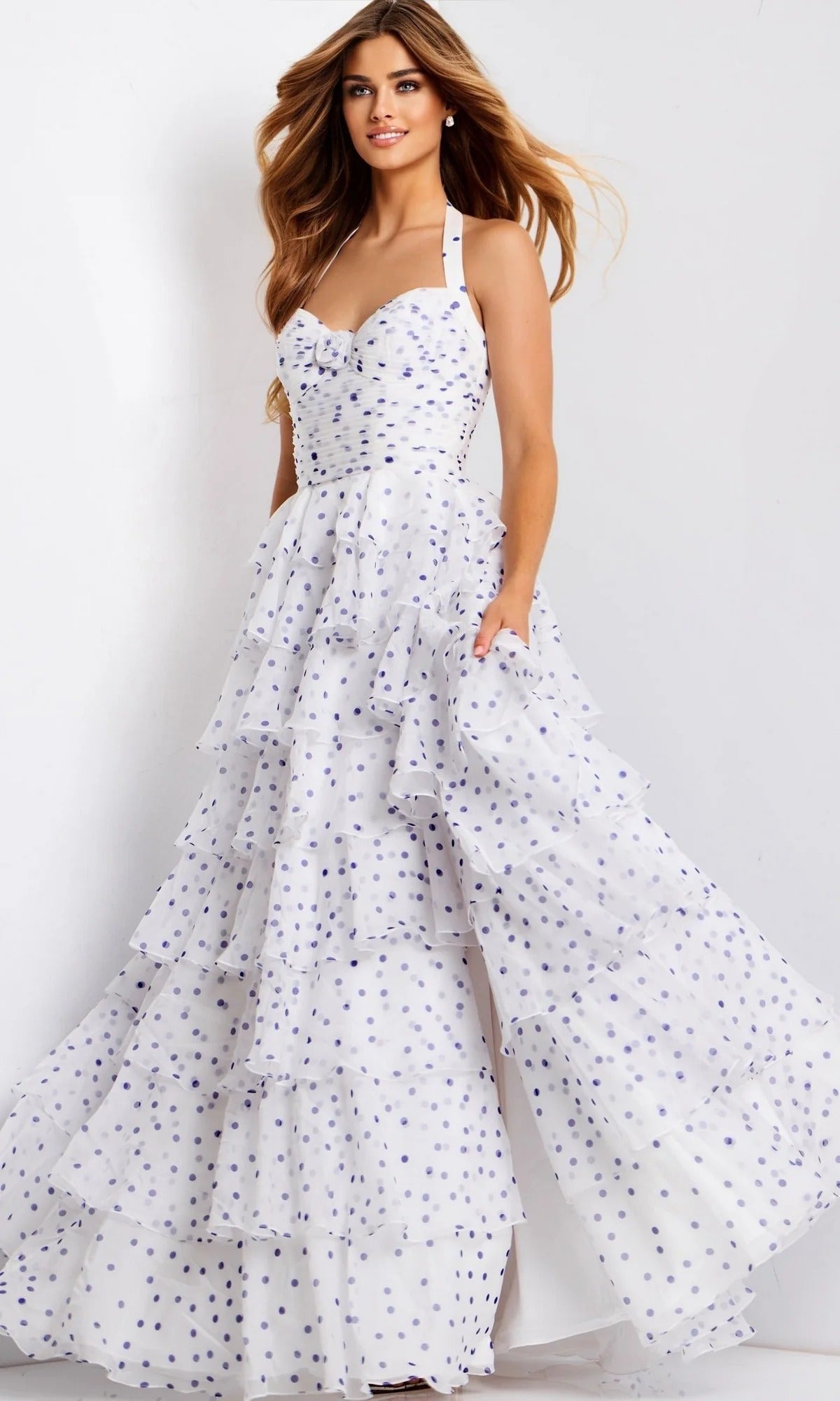 White Purple Polka Dot Halter Tiered Chiffon Maxi Dress with Slit