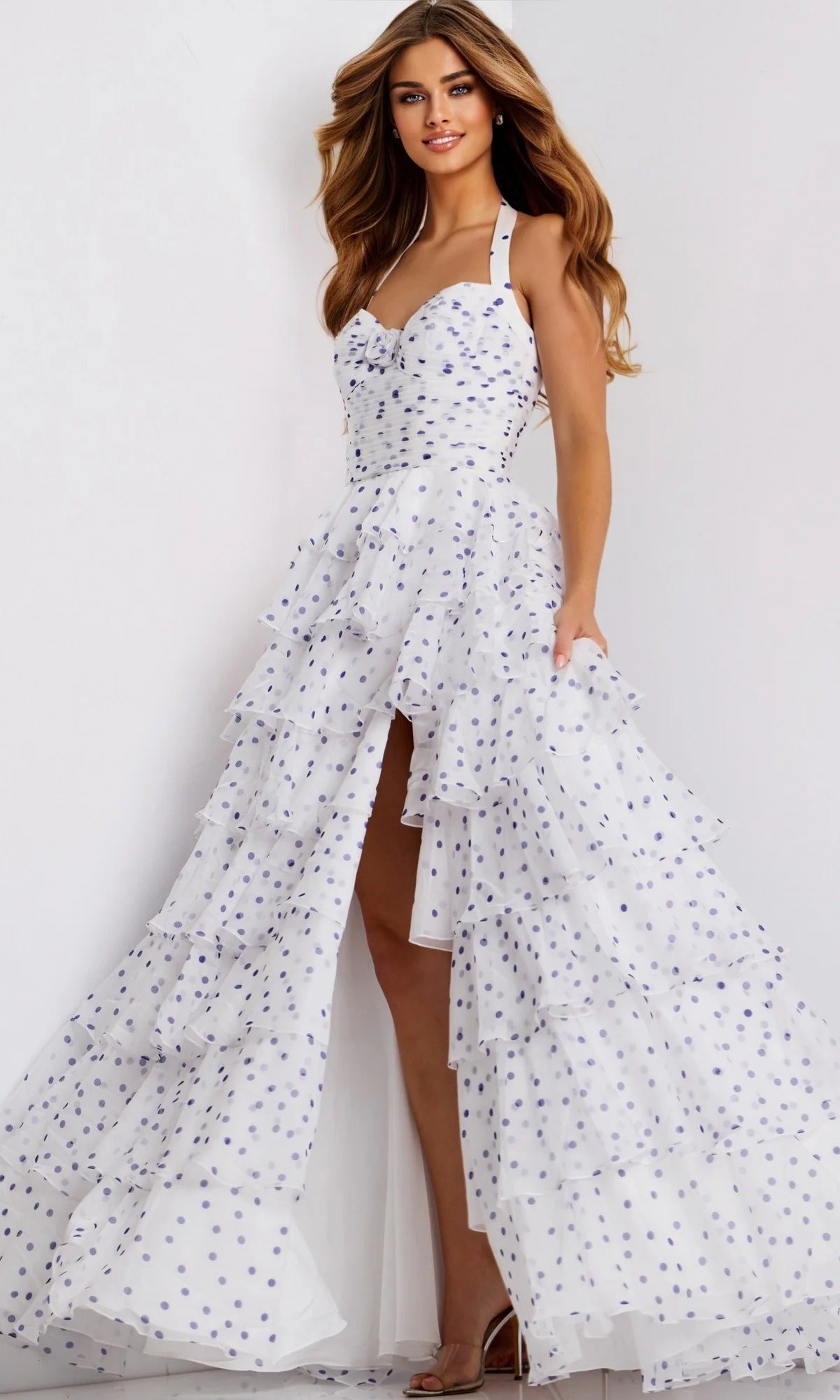 White Purple Polka Dot Halter Tiered Chiffon Maxi Dress with Slit