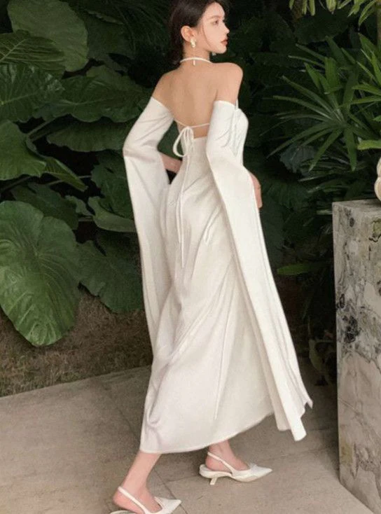 White Satin Midi Halter Neck Off Shoulder Open Back Long Sleeve Evening Dresses