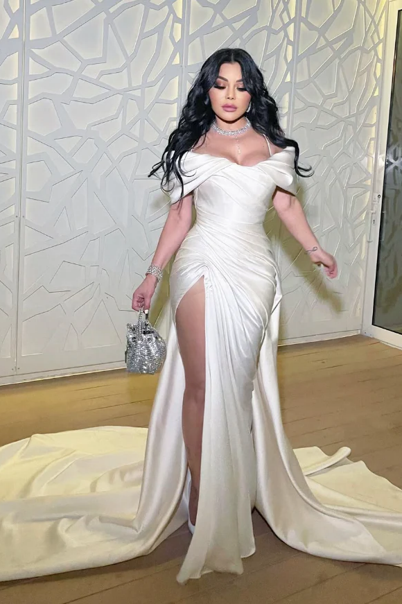 White Satin Off-the-Shoulder Mermaid High Slit Evening Dresses