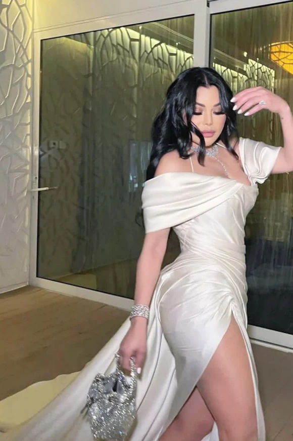 White Satin Off-the-Shoulder Mermaid High Slit Evening Dresses