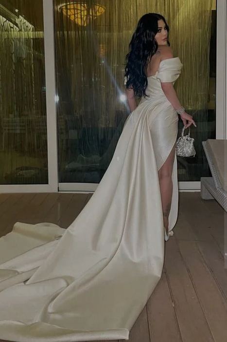 White Satin Off-the-Shoulder Mermaid High Slit Evening Dresses