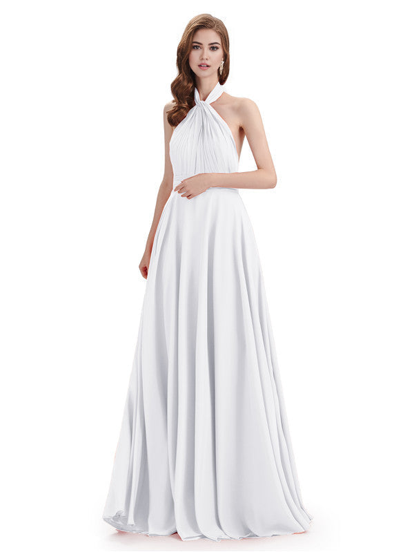 Simple A-Line High Neck Halter Sleeveless Pleats Chiffon Floor Length Bridesmaid Dresses