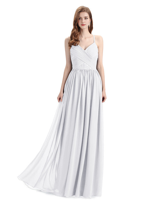 Elegantes vestidos de dama de honor de gasa con tirantes finos, corte A, escote en V y largo hasta el suelo