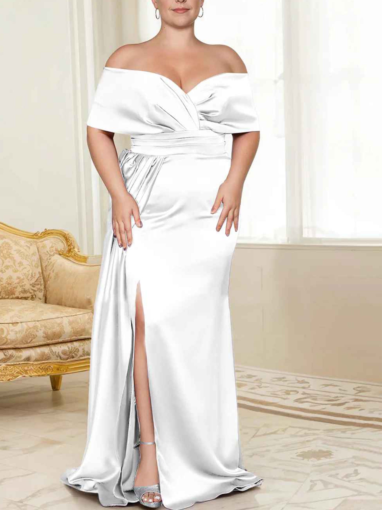 Purple Satin Sheath/column Off-the-Shoulder Floor-Length Evening Dress