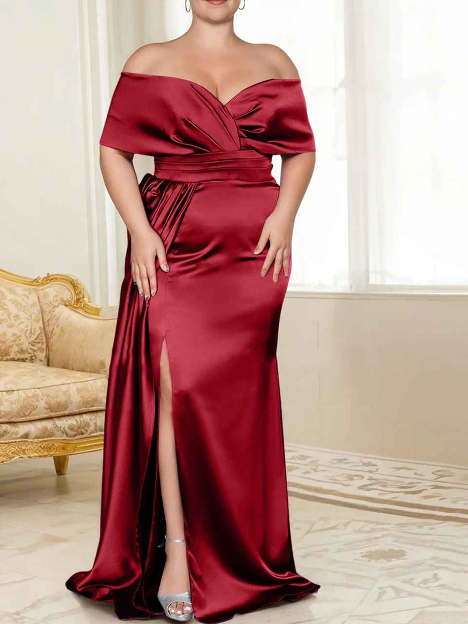 Draped Bodice Blushing Pink Satin Off-the-Shoulder Sheath/column Floor-Length Bridesmaid Dress