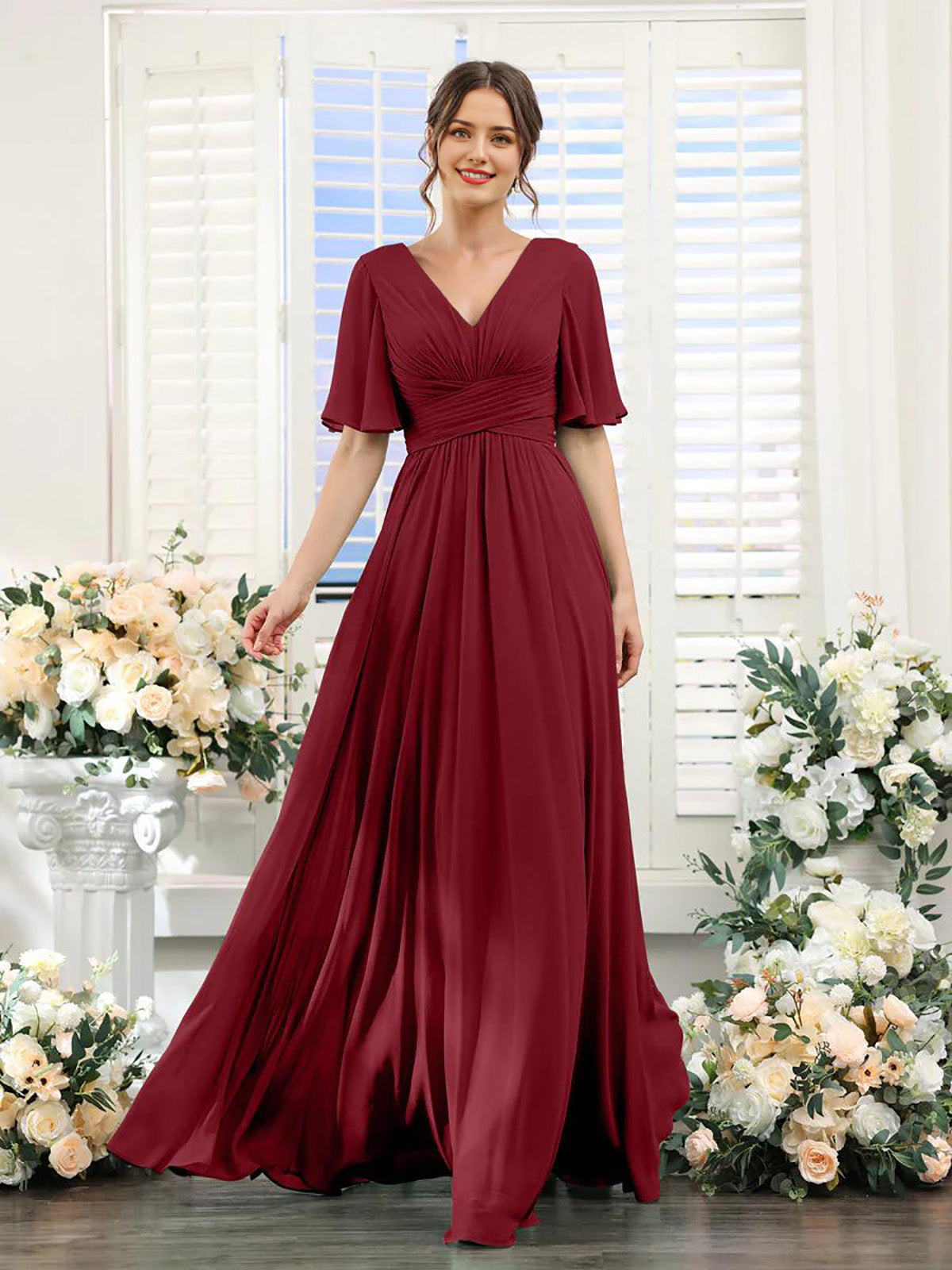 Vestido de dama de honor con escote en A y escote en V, ideal para invitadas a la boda, vestido de fiesta formal de gasa larga con abertura.