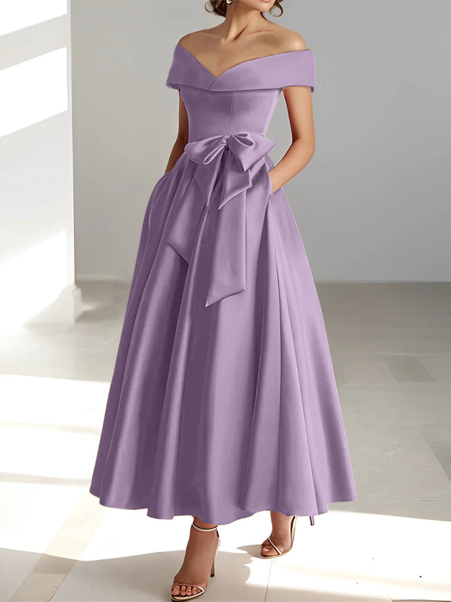 Vestidos de madre de la novia con bolsillos y hombros descubiertos, corte A/Princesa