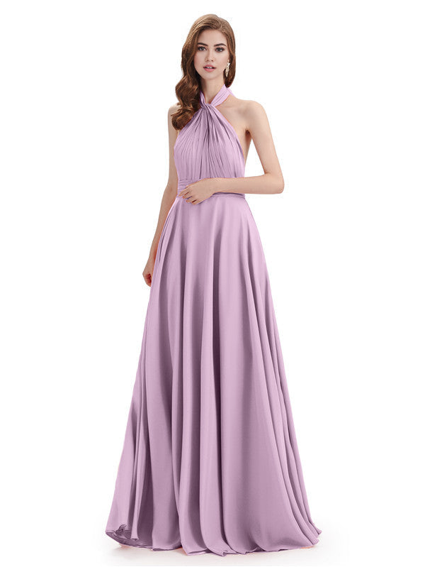 Simple A-Line High Neck Halter Sleeveless Pleats Chiffon Floor Length Bridesmaid Dresses
