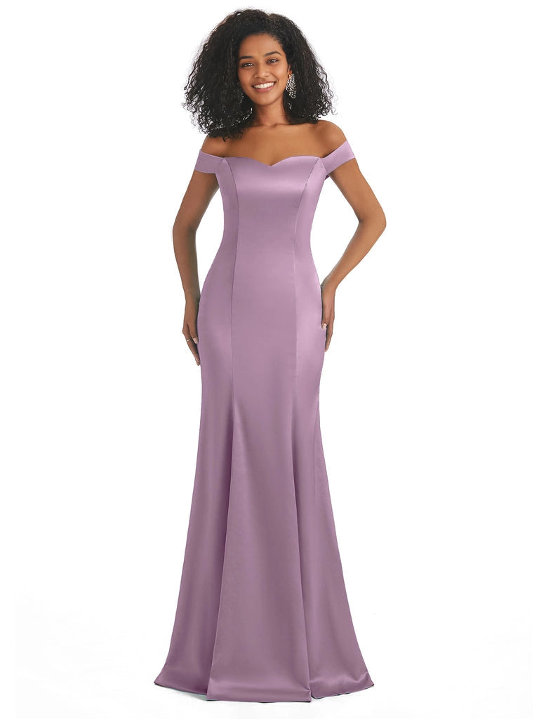 Vestidos de dama de honor largos, sencillos, de satén suave, sin mangas y con hombros descubiertos, de corte sirena