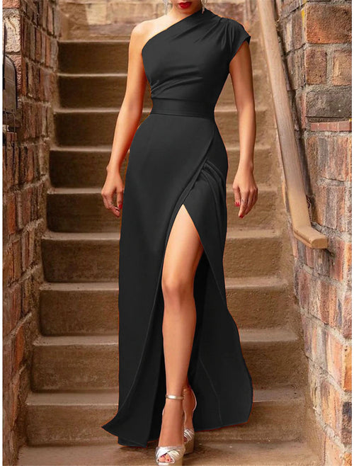 Women's Black Sheath Floor-Length Sleeveless Split One Shoulder Homecoming Dress