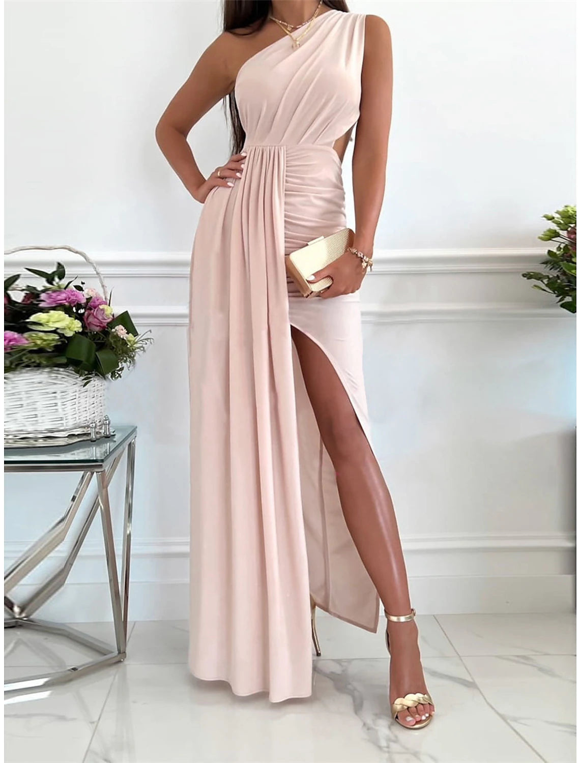 Women's Homecoming Dress Pink Sleeveless Pure Color Backless One Shoulder Party Evening