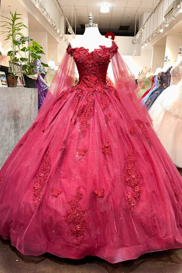 Burgundy Off-the-Shoulder Ball Gown Floor-Length Evening Dress