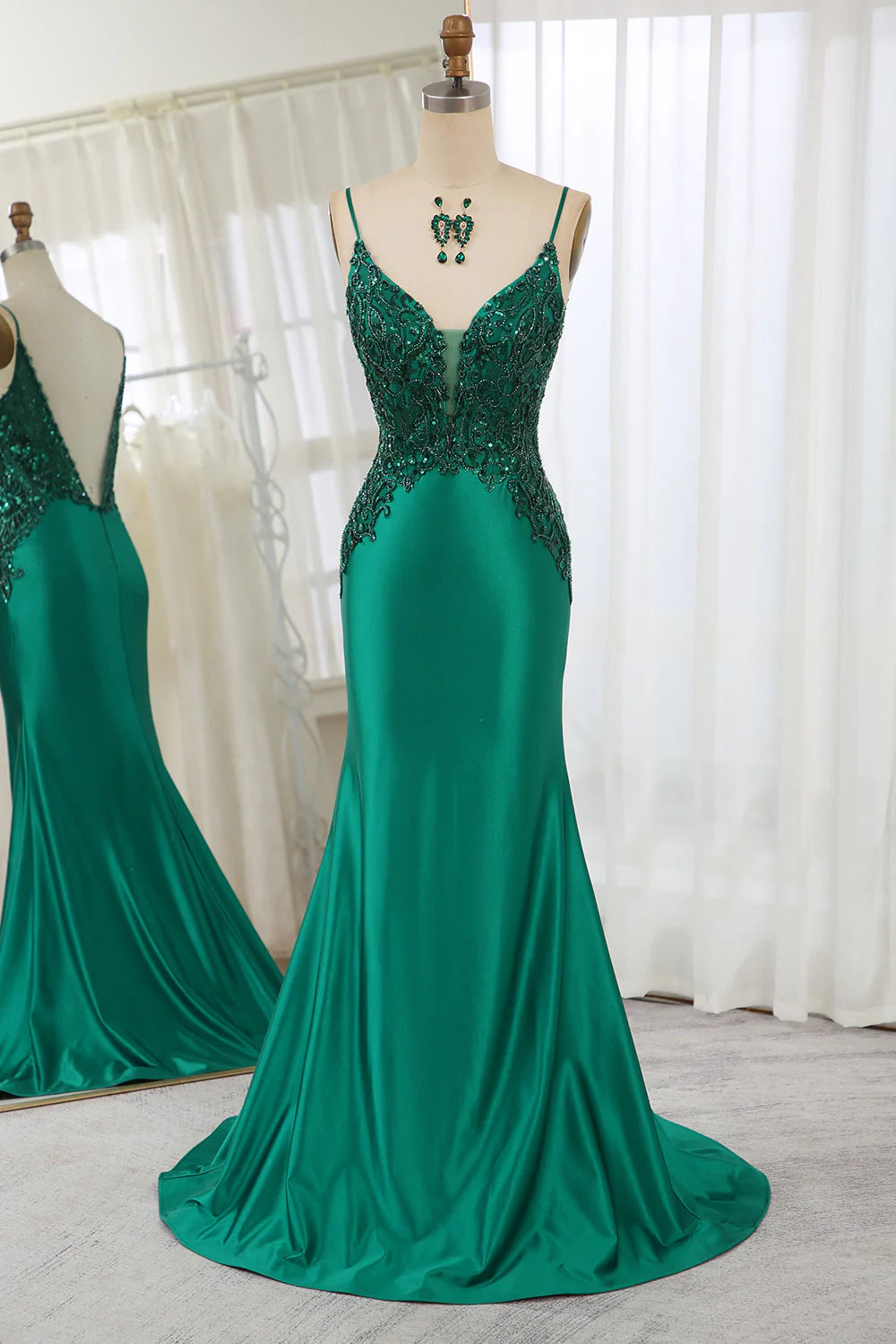 Sparkling dark green fish tail backless ball dress