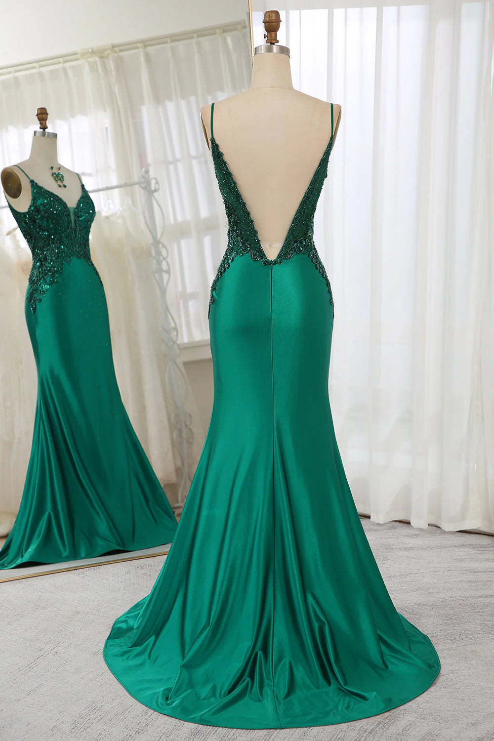 Sparkling dark green fish tail backless ball dress