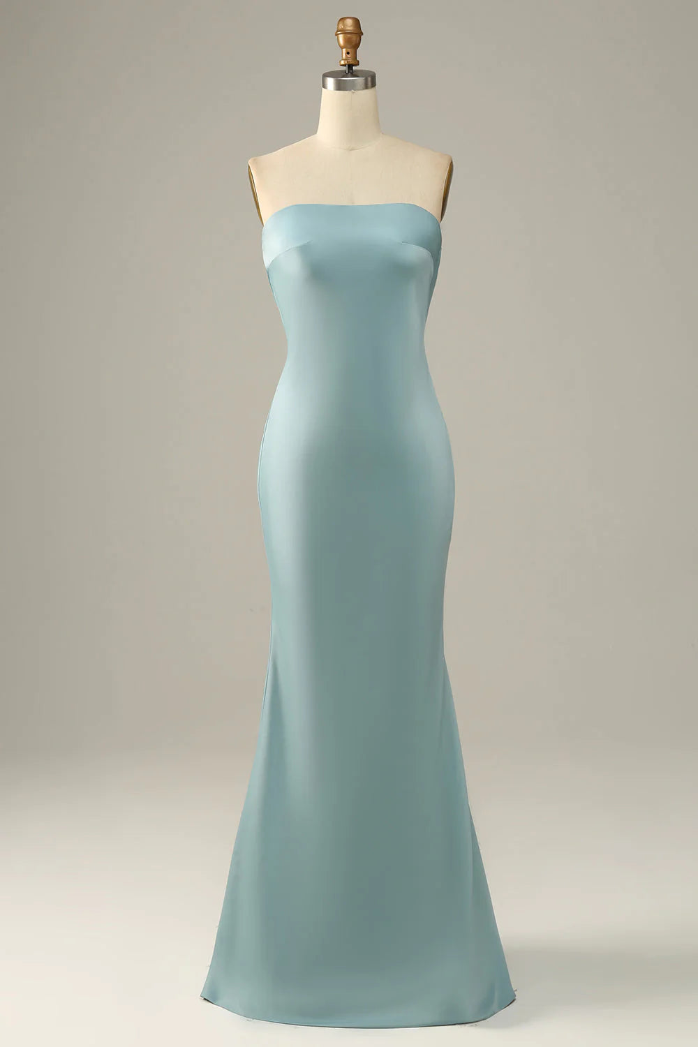 Dusty Blue Satin Sheath/column Floor-Length Bridesmaid Dress | Straight Neck