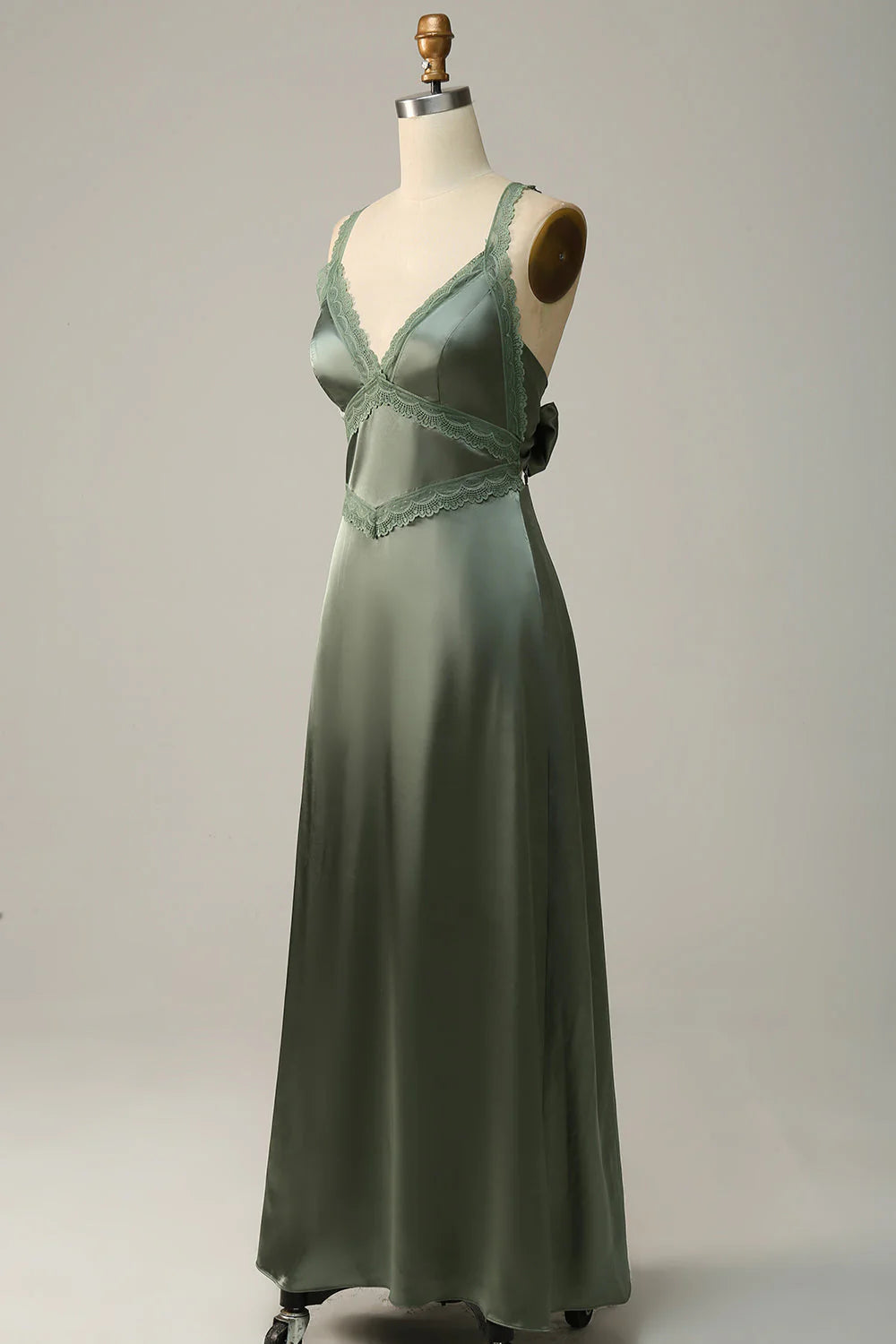 V-neck backless grey green lace bridesmaid dress