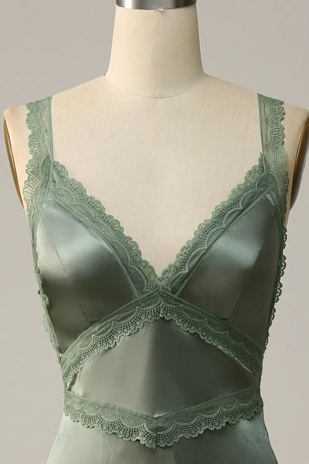 Sage Green Satin V-Neck Floor-Length Bridesmaid Dress