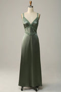 Sage Green Satin V-Neck Floor-Length Bridesmaid Dress