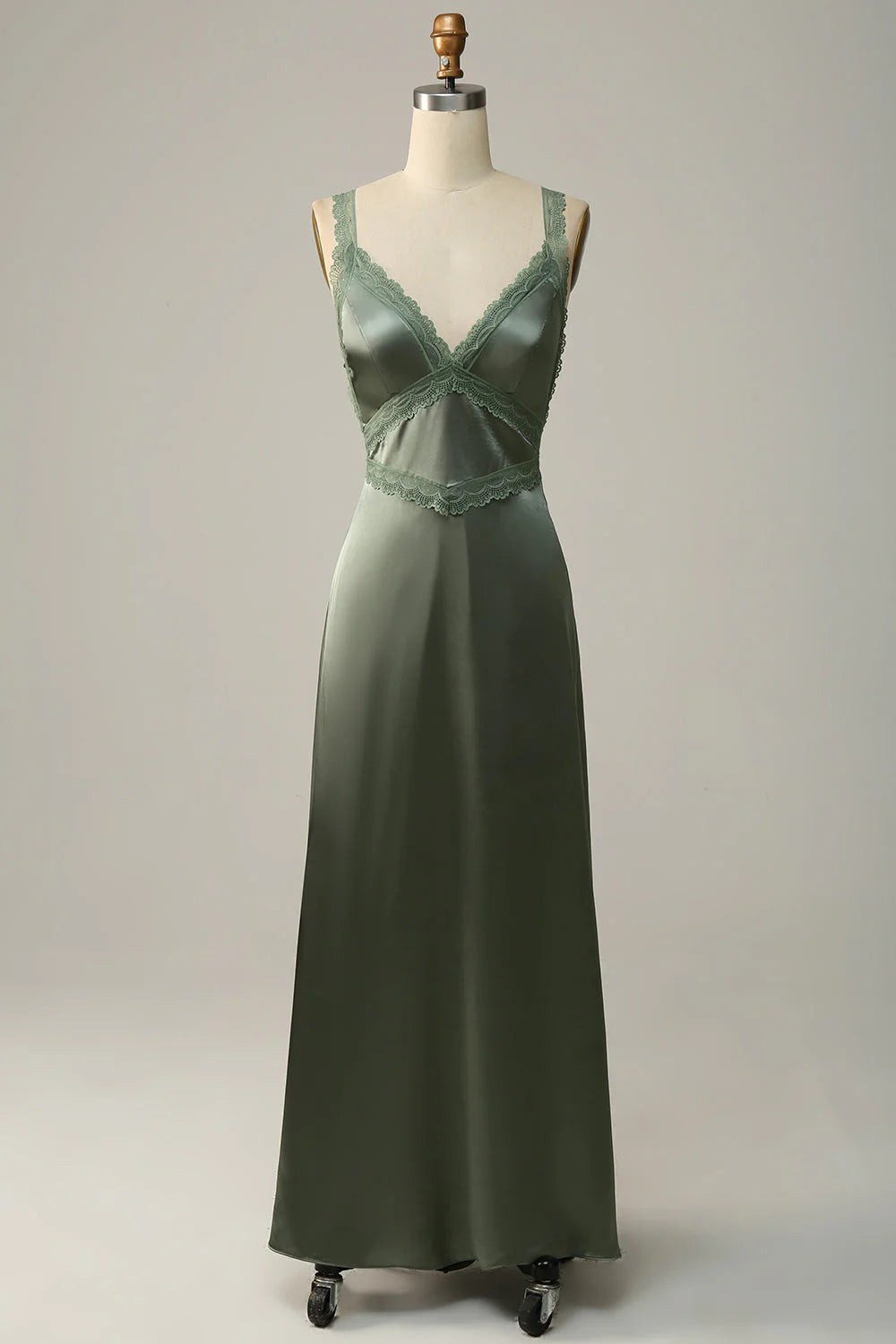 Sage Green Satin V-Neck Floor-Length Bridesmaid Dress