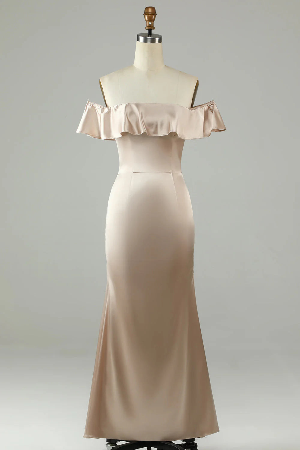 Champagne Satin Off-the-Shoulder Floor-Length Sheath Evening Dress
