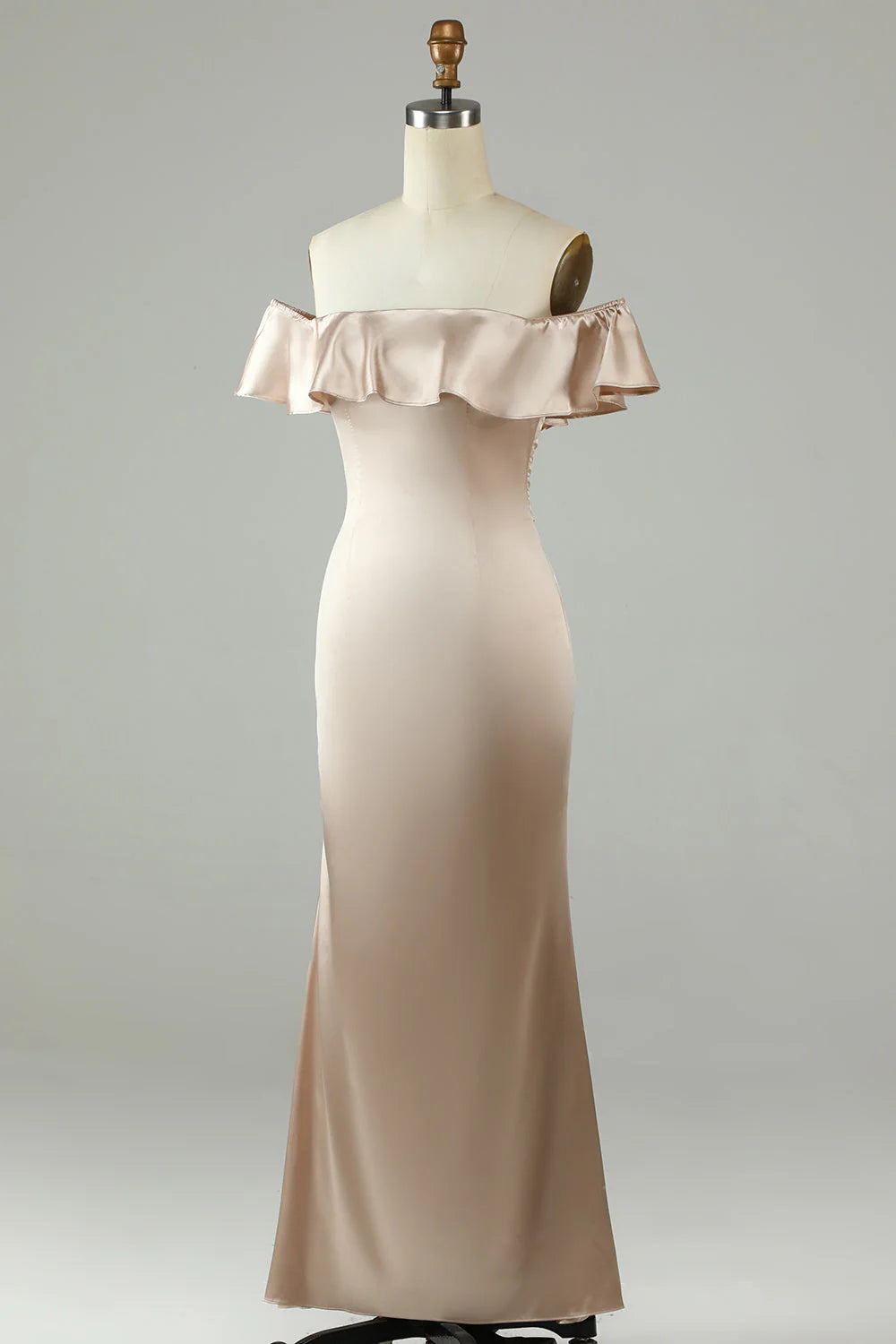 Champagne Satin Off-the-Shoulder Floor-Length Sheath Evening Dress