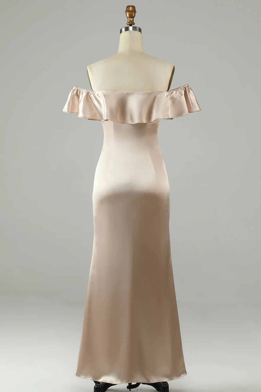 Champagne Satin Off-the-Shoulder Floor-Length Sheath Evening Dress