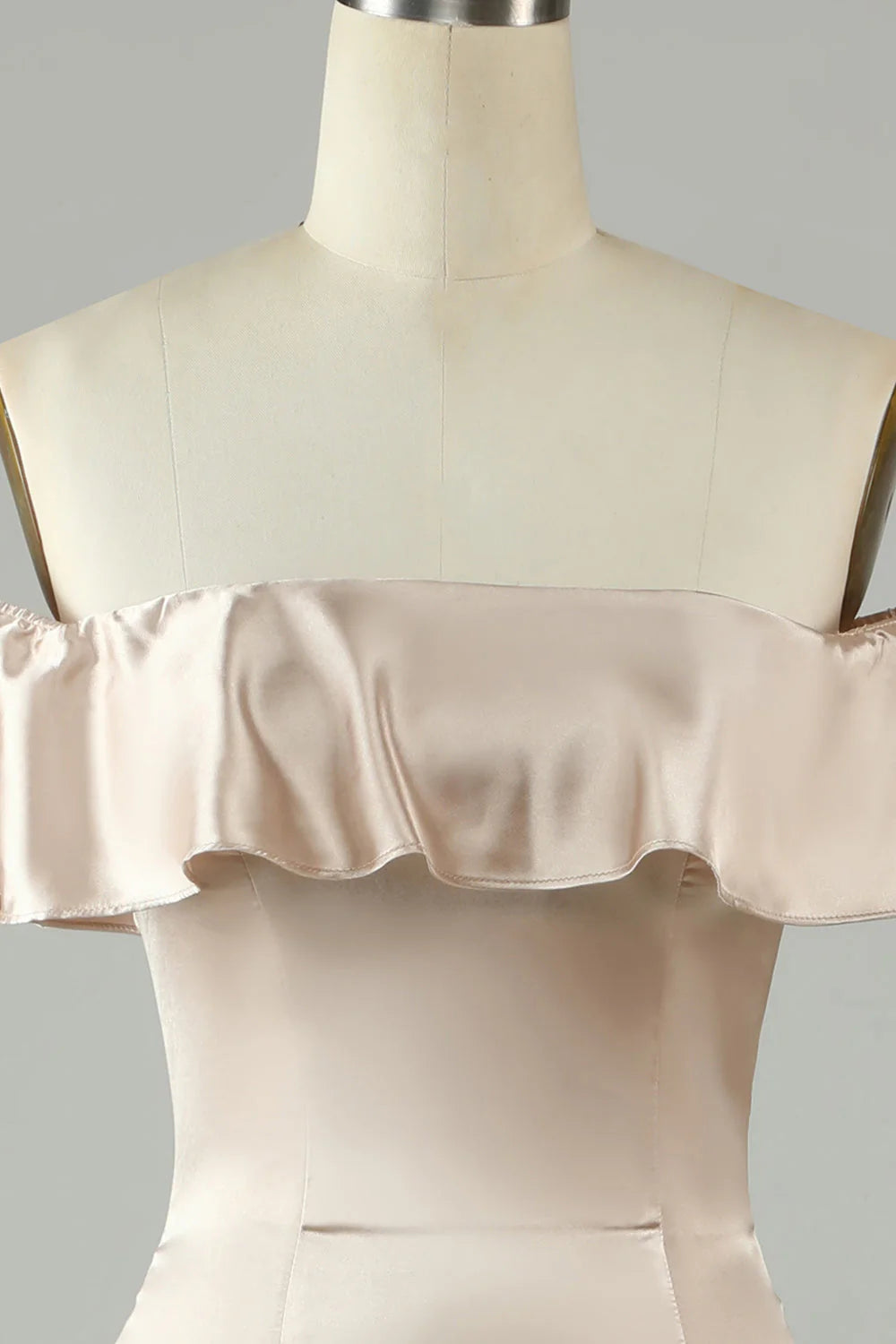Champagne Satin Off-the-Shoulder Floor-Length Sheath Evening Dress