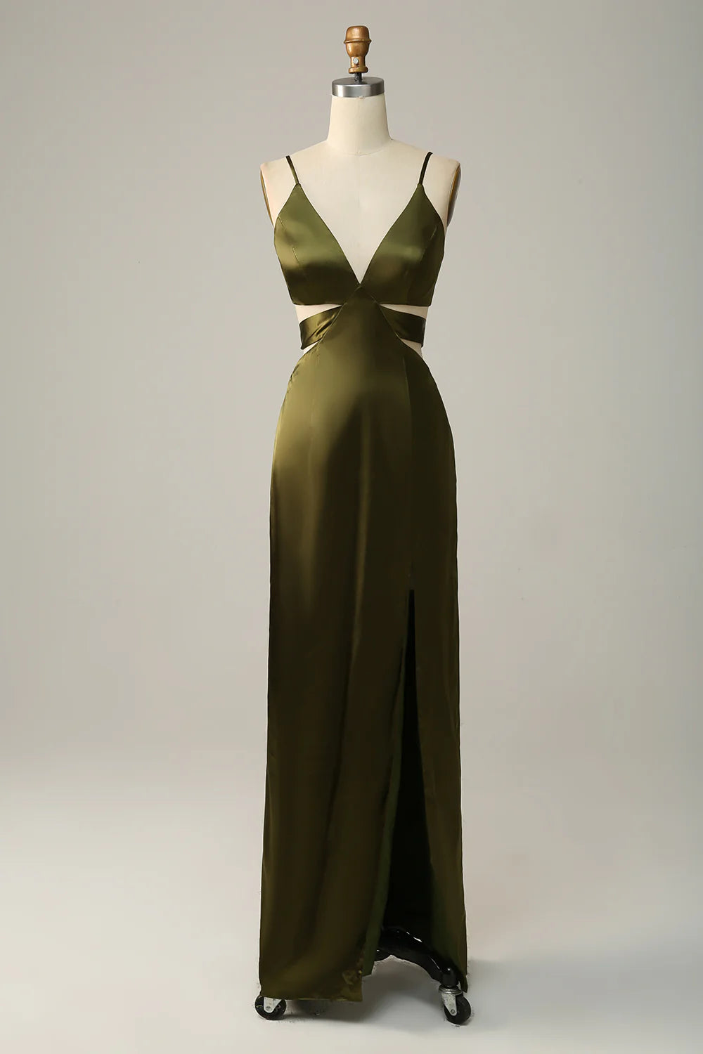 Olive Green Satin V-Neck Floor-Length Evening Dress