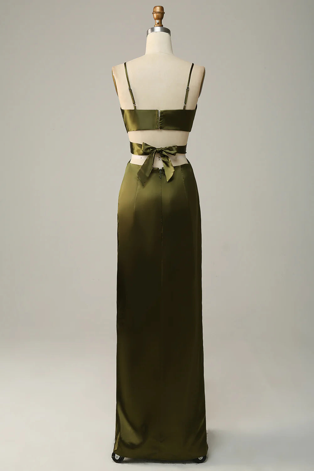 Olive Green Satin V-Neck Floor-Length Evening Dress