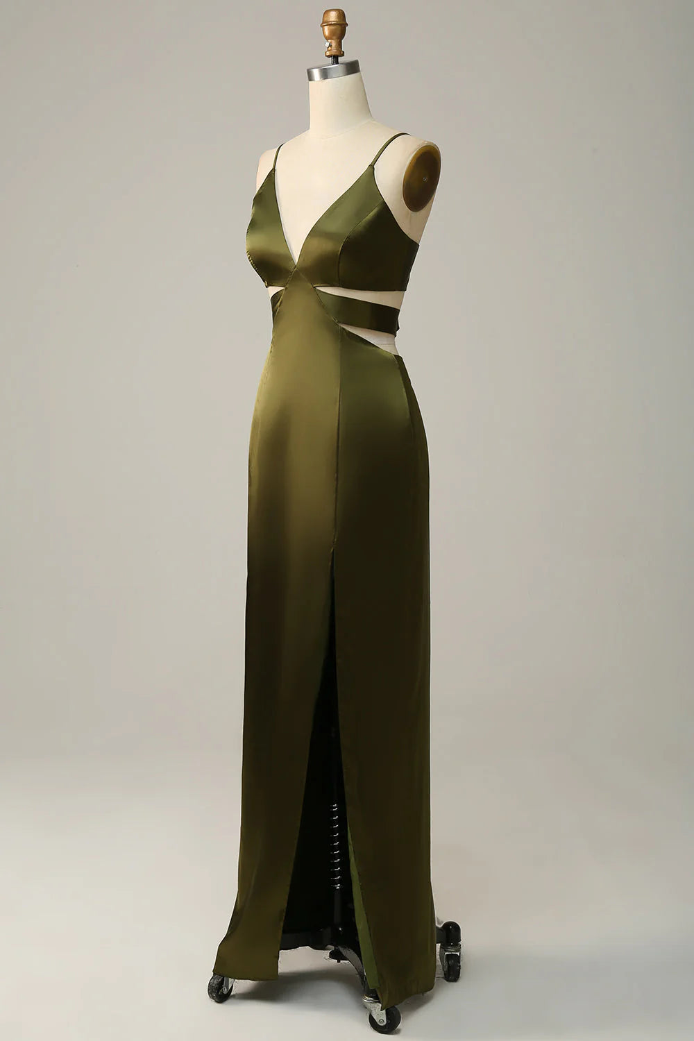 Olive Green Satin Sheath/column Floor-Length Dress with V-Neck, Backless & High Slit