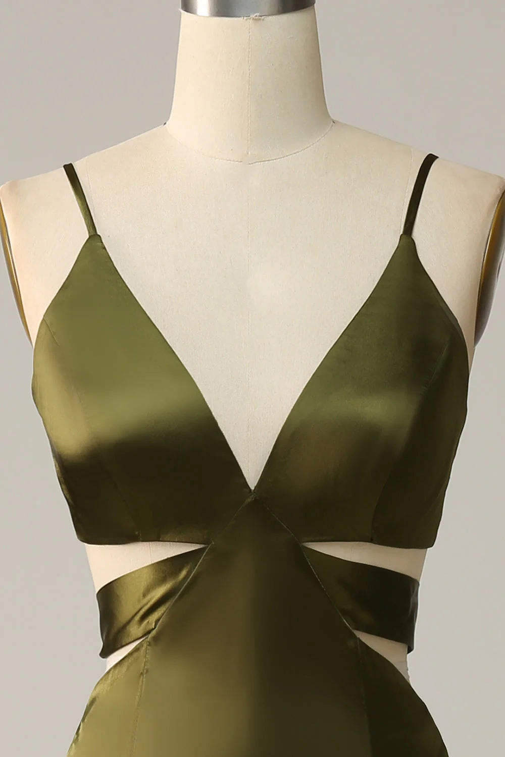 Olive Green Satin Sheath/column Floor-Length Dress with V-Neck, Backless & High Slit